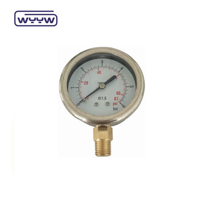 Yüksek Kaliteli Bakır Bağlantı 1/4 &quot;BSP Çift Ölçekli Çubuk Psi EN837-1 Doğru 1.6 Sıvı Doldurulmuş Basınçölçer